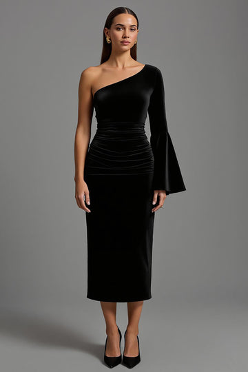 One Shoulder Velvet Black Semi-Formal Dress